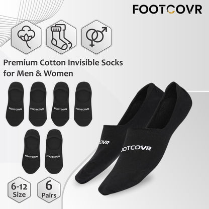 Premium Cotton No Show Socks - Black (6 Pair) Size Mens 6-12