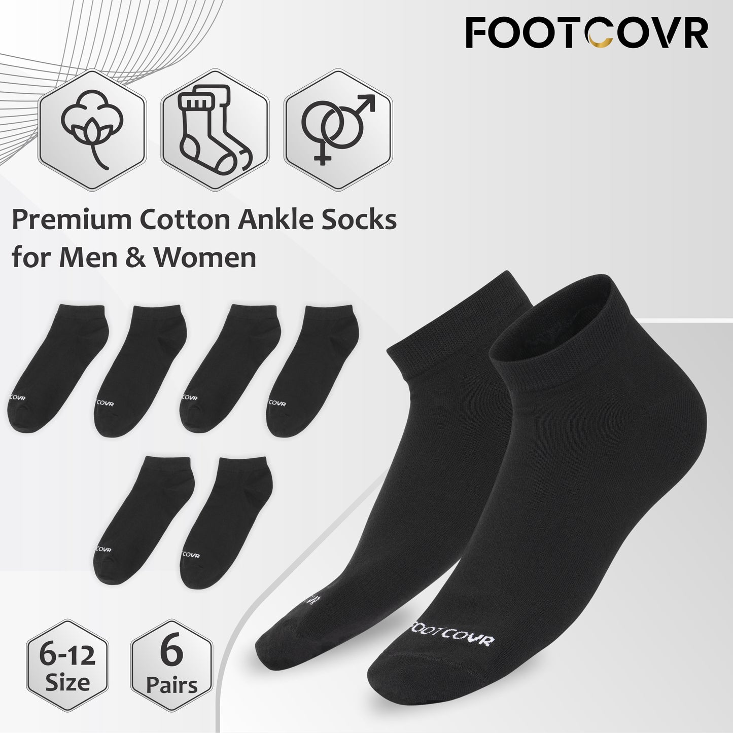 Premium Cotton Low Ankle Socks - Black (6 Pair) Size Mens 6-12